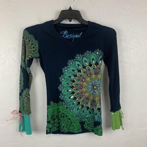 Desigual Sweater Womens XS Multicolor Boho V Neck Embroidered Sequin Pullover